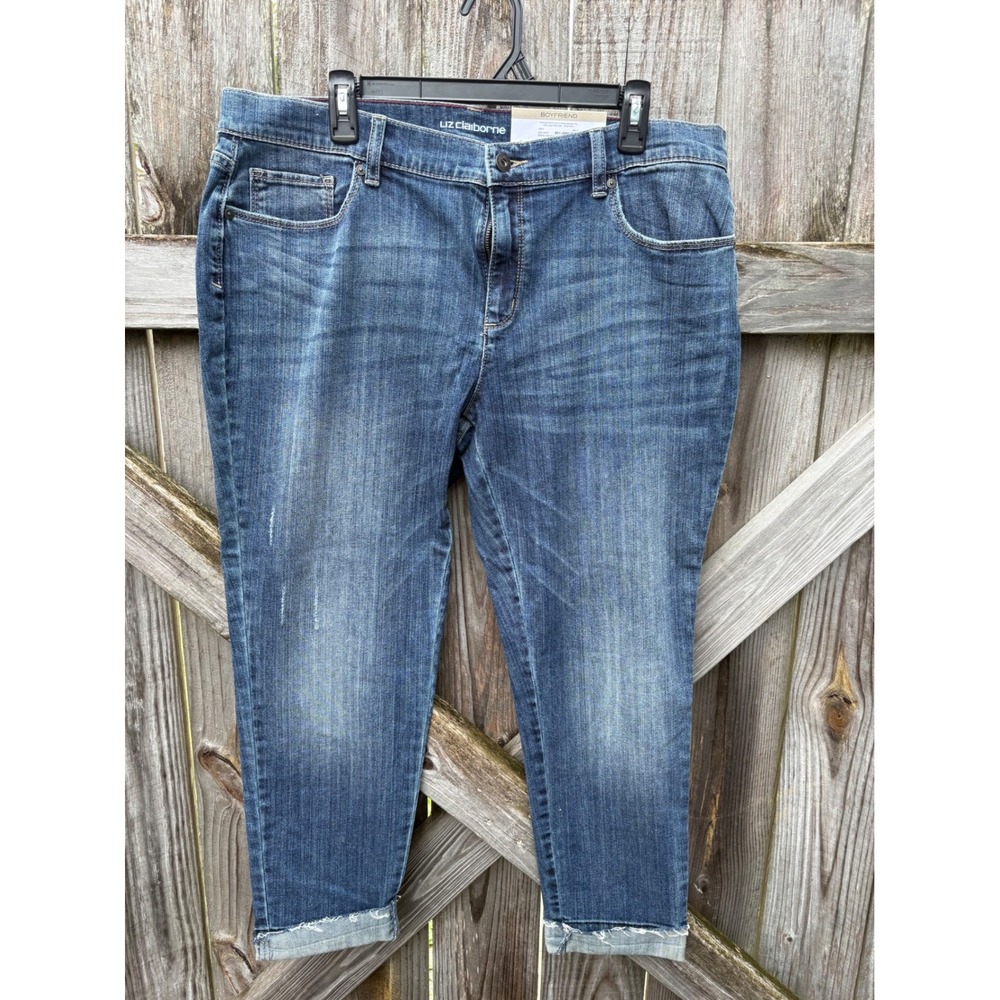 Liz Claiborne Boyfriend Skinny Jeans Medium Wash Blue Denim Raw Hem Size 16 NEW
